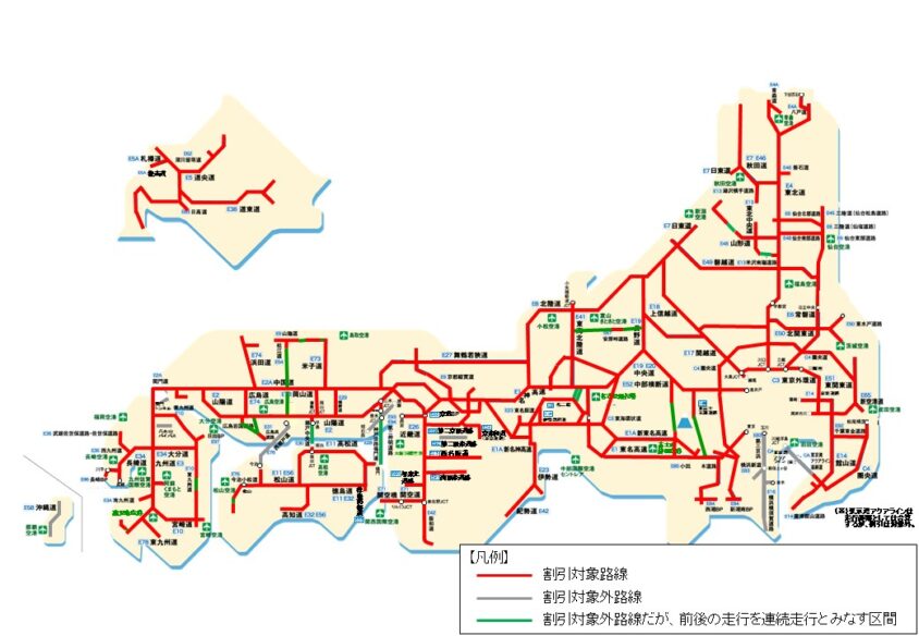 ETC二輪車定率割引の対象路線図(赤が対象路線、灰色が対象外路線)