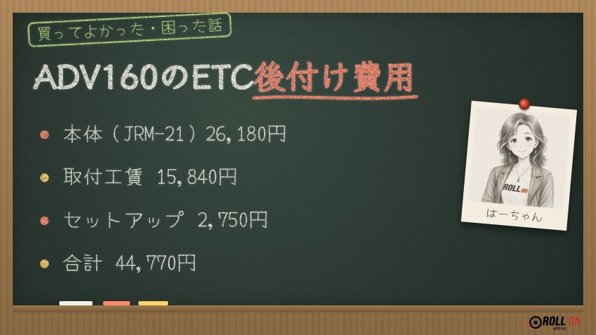 ADV160にETC（日本無線JRM-21）を後付けした費用の内訳をまとめた黒板風イラスト