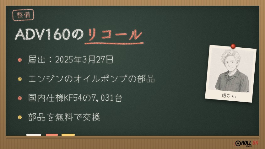 ADV160のリコール（2025年3月27日届出・オイルポンプ・国内仕様KF54の7,031台）