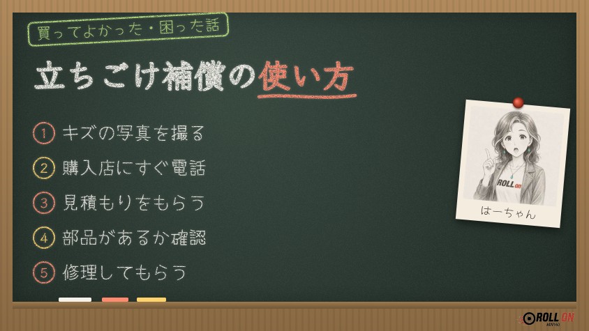 立ちごけ補償を使って修理するまでの流れをまとめた黒板イラスト