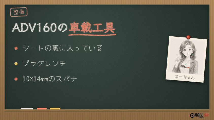 ADV160の車載工具はプラグレンチとスパナの2つだけ（黒板風の見出し画像）