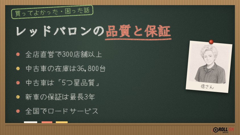 レッドバロンの品質と保証 全店直営300店舗・中古車5つ星品質・新車保証最長3年