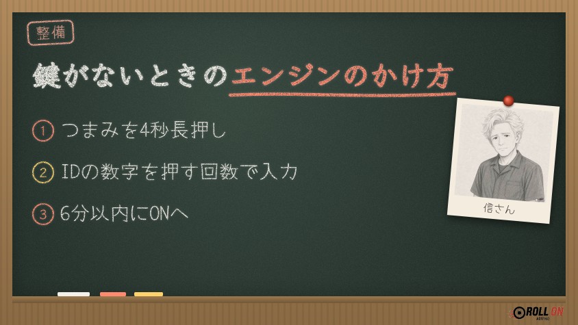 スマートキーがないときのエンジンのかけ方｜IDナンバー入力（黒板風の見出し画像）